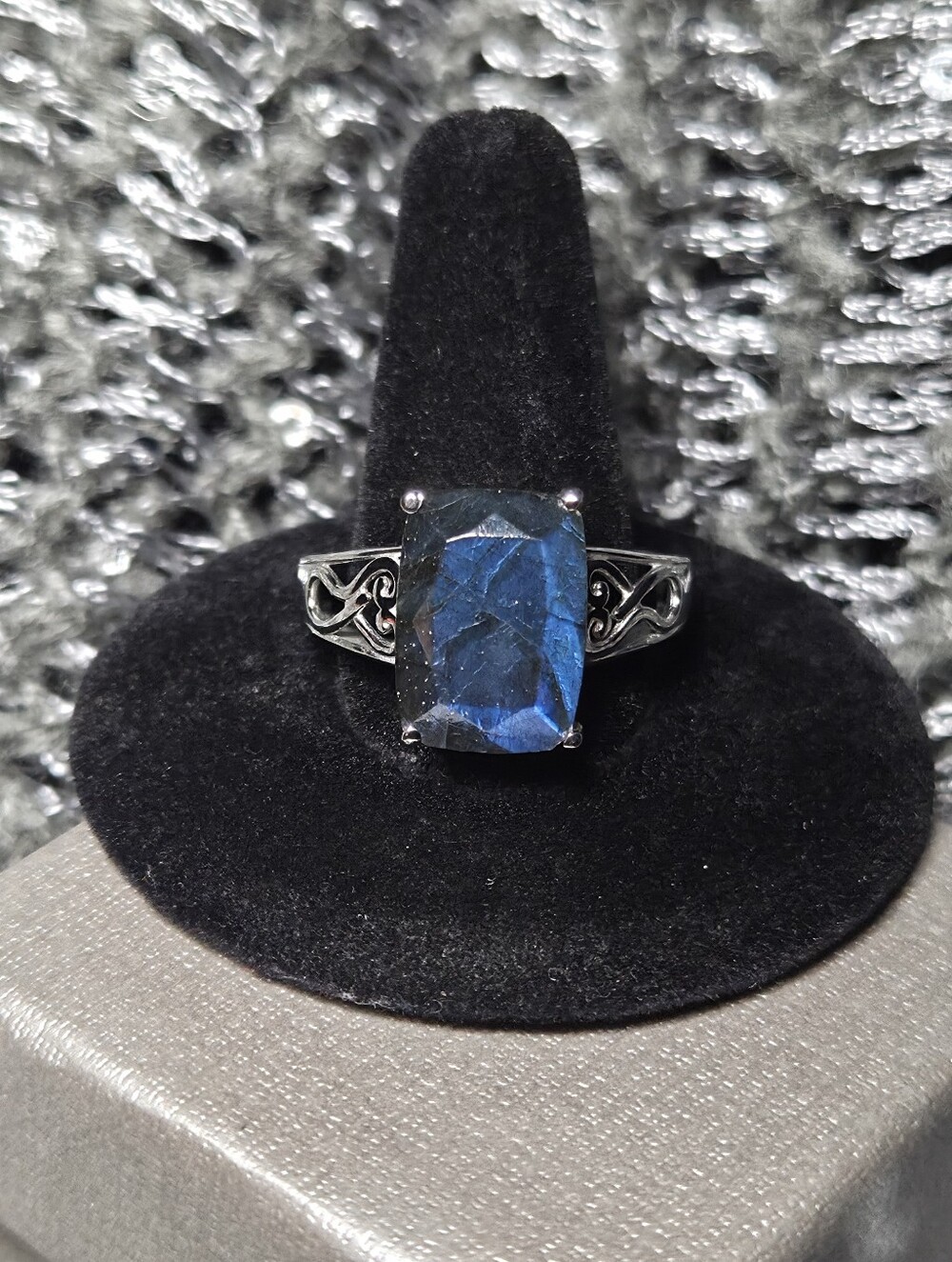 NWT Genuine 8.5ct Cushion Cut Blue Labradorite Filigree Statement Ring